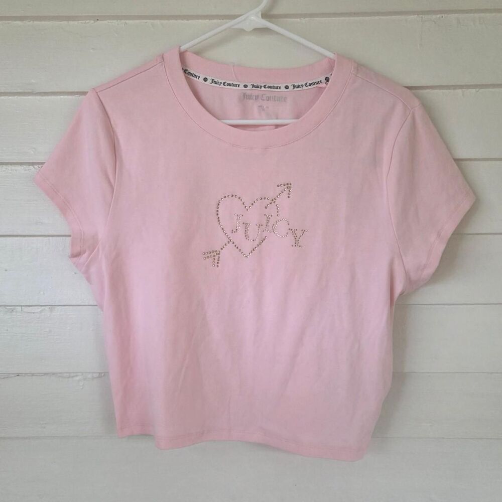 juicy Couture pink crop top baby tee rhinestone heart arrow Y2K bling size XL